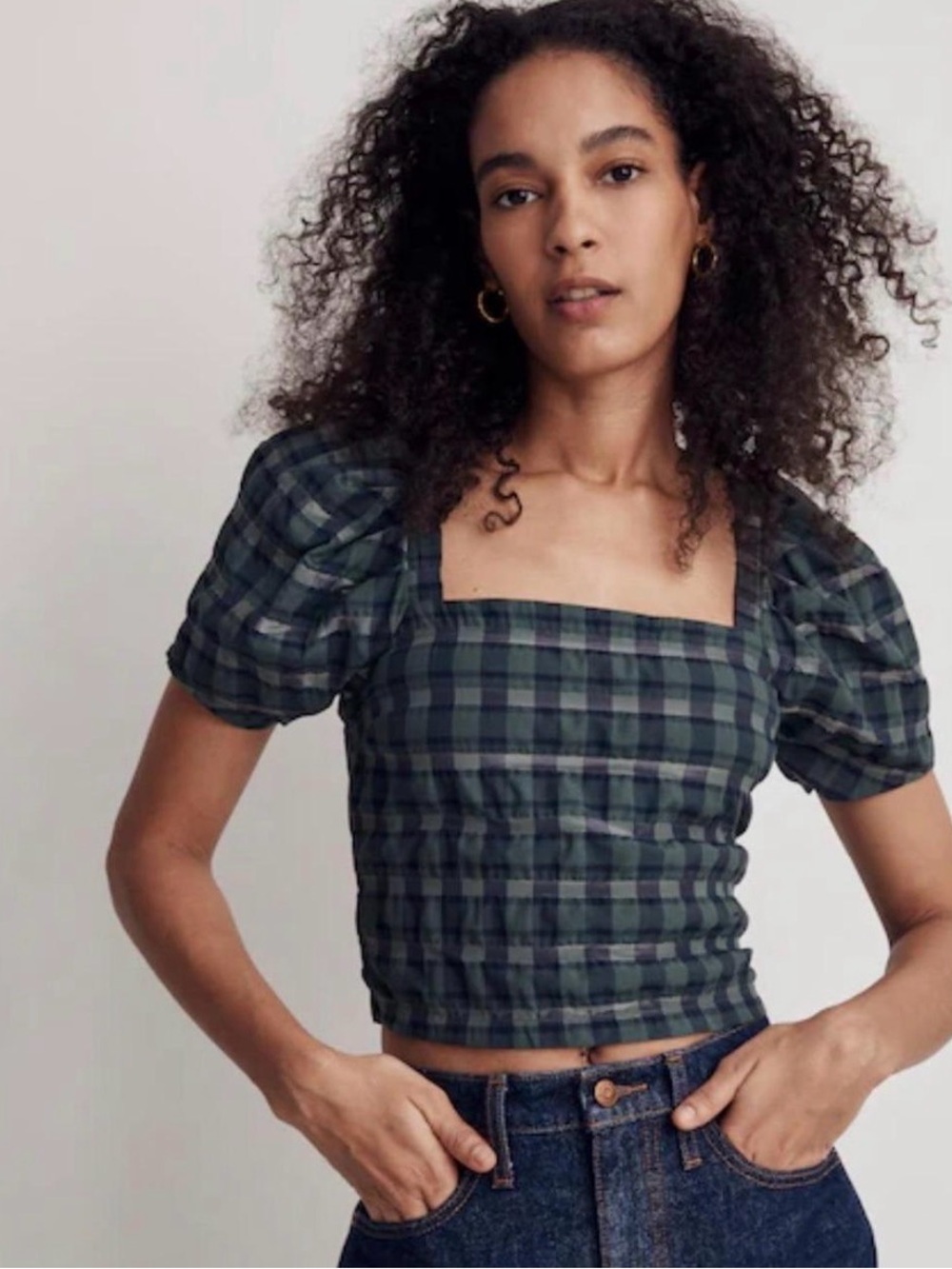 Madewell Plaid Square-Neck Puff Sleeve Crop Top in Dark Green